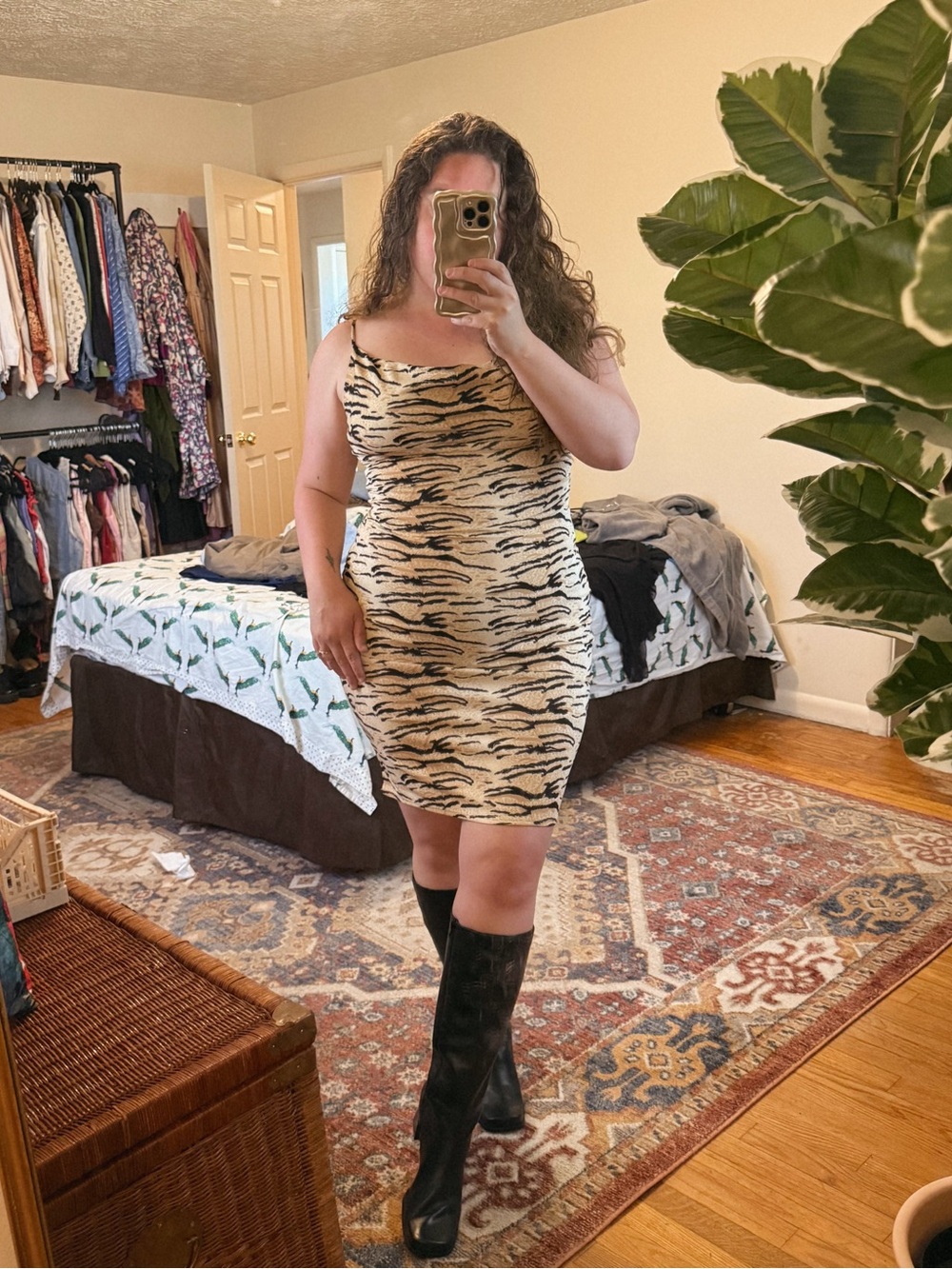Arden B tan & black zebra striped midi dress